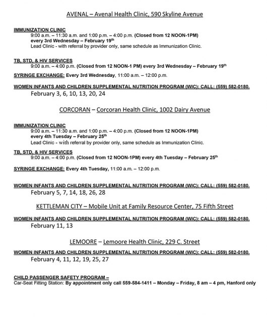 Kings County Health Department releases clinic schedules for February